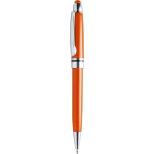 An orange stylus touch ball pen with a chrome clip and detailing, featuring a logo.