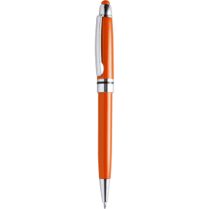 An orange stylus touch ball pen with a chrome clip and accents. Features a sleek design and a branding logo.