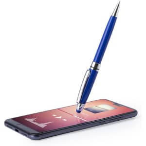 A blue stylus touch ball pen rests on a smartphone with a vibrant screen display. The pen features a silver clip and accents.