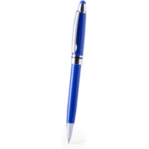 A blue stylus touch ball pen with a silver clip and accents, featuring a logo on the body.