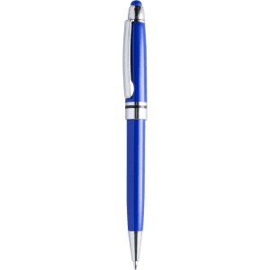 A blue stylus touch ball pen with a silver clip and accents, featuring a branding logo.