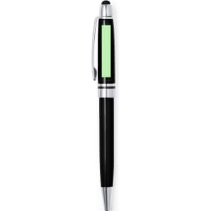 A black stylus touch ball pen with a silver clip and a green section for branding.