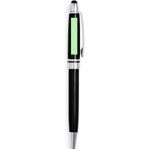 A black stylus touch ball pen with silver accents and a green area for branding.
