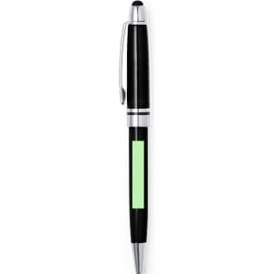 A black stylus touch ball pen with a shiny silver clip and a green accent on the barrel.