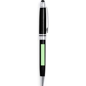 A black stylus touch ball pen with a silver clip and a green branding area. It has a sleek design.
