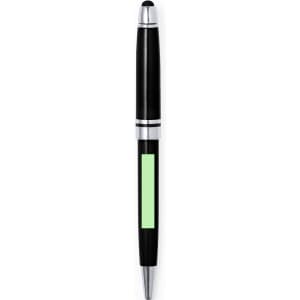 A black stylus touch ball pen with silver accents and a green section, featuring a logo on its body.