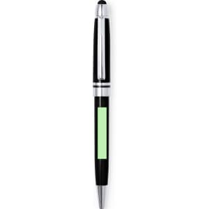 A black stylus touch ball pen with a chrome accent and a green section. It features a logo.
