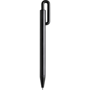 A black metal pen with a unique clip design and a smooth barrel. The pen has a logo displayed on it.