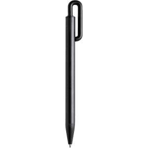A black metal pen with a unique clip design and a sleek, minimalist appearance. It features a branding logo.