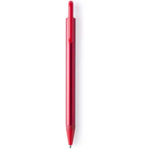 A red metal pen with a clip and a fine tip, featuring a logo.