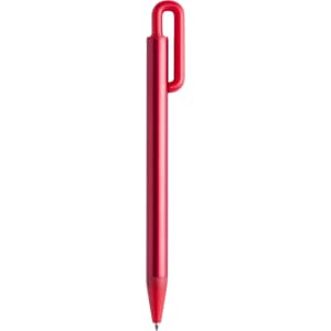 A red metal pen with a distinctive looped design and a black tip, featuring a logo.