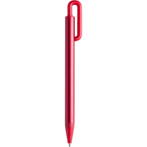 A red metal pen with a unique clip design and a smooth writing tip. It features branding on its body.