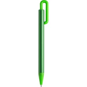 A green metal pen with a distinctive loop clip and a glossy finish. It features a logo on the body.