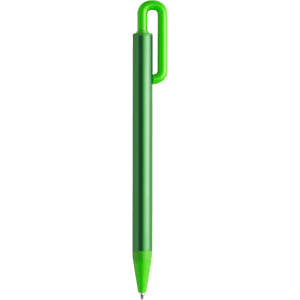 A metal pen in vibrant green with a matching clip and tip, featuring a logo on the barrel.