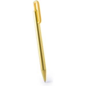 A yellow metal pen with a sleek design and a clip. It features a logo on the body.