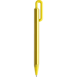 A yellow metal pen with a sleek design and a clip for easy attachment. The pen features a branding logo.
