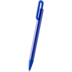 A blue metal pen with a sleek design and a clip for easy attachment. It features a branding logo.