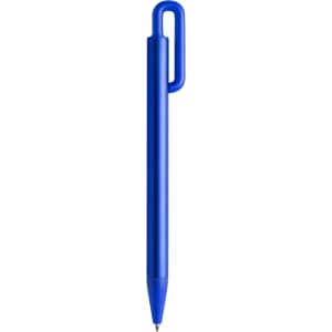 A blue metal pen with a unique design and a clip for easy attachment. Featuring a branding logo.