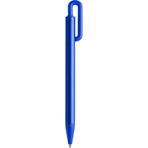 A blue metal pen with a sleek design and a clip for easy attachment. The pen features a logo on its surface.