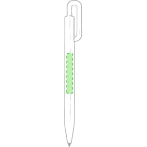 A metal pen with a green grip and a clip, featuring a logo on its body.