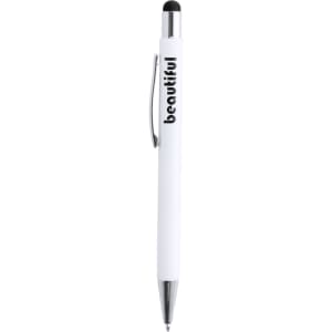 A white stylus touch ball pen with a silver clip and a black stylus tip, featuring a logo.