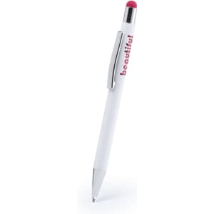 A white stylus touch ball pen with a pink tip and silver accents, featuring a logo on its body.