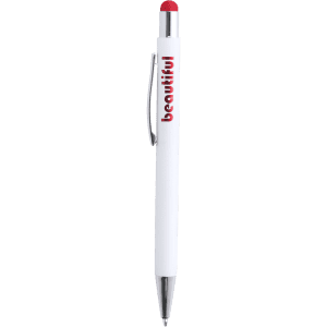 A white pen with a red stylus tip and a metallic clip. The pen features a branding logo.