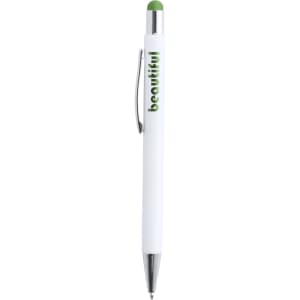 A white ballpoint pen with a green stylus tip and a silver clip, featuring a simple logo.