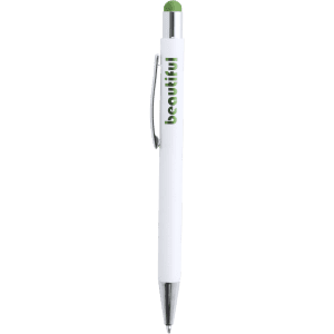 A white stylus touch ball pen with a green tip and a metal clip, featuring a logo on the barrel.