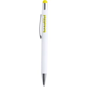 A white stylus touch ball pen with a yellow tip and a branding logo. The pen features a sleek, modern design.