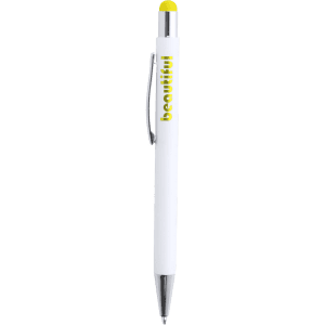 A white stylus ball pen with a yellow tip and a branding logo on the surface.
