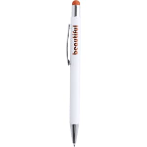 A white stylus touch ball pen with an orange tip and a silver clip, featuring a branding logo.