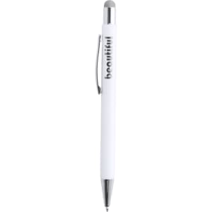 A white stylus touch ball pen with a silver clip and a soft tip for touchscreen use, featuring a logo.