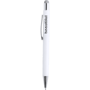 A white stylus touch ball pen with a silver clip and a rubber tip for touchscreen use. The pen features branding.
