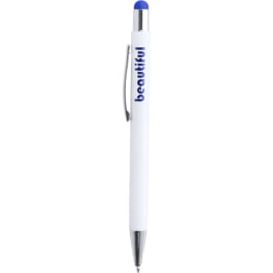 A white ball pen with a blue stylus tip and silver accents, featuring a branding logo.