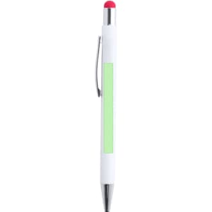 A white ballpoint pen with a pink stylus tip and a green section for branding. It features a silver clip.