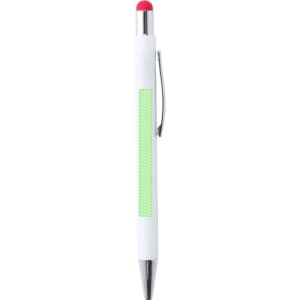 A white ballpoint pen with a green grip and a pink stylus tip, featuring a silver clip and branding.