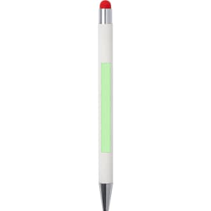 A white stylus touch ball pen with a green grip and a red stylus tip. It features a silver clip and end.