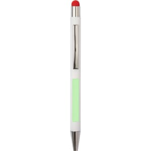 A white ball pen with a shiny silver clip and a red stylus tip, featuring a green accent.