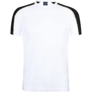 A white adult T-shirt with black shoulder detailing and a logo on the neckline.