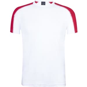 A white adult T-shirt with red shoulder accents and a logo on the chest.