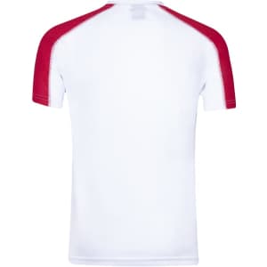 A T-shirt featuring a white body with red short sleeves, displaying a logo on the back.