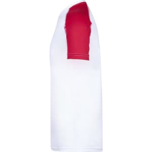 A white adult T-shirt with a red sleeve and a logo.