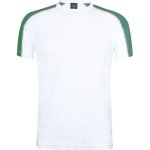 A white adult T-shirt with green shoulder accents and a logo on the chest.