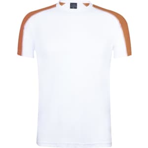 A white adult T-shirt with orange accents on the shoulders and a logo on the tag.