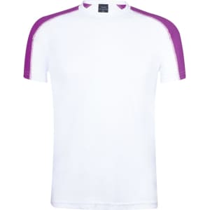 A white adult T-shirt with purple accents on the shoulders and a tag inside the collar. It features a logo.