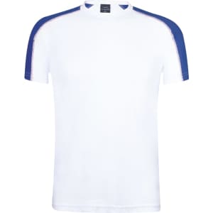 A white adult T-shirt with blue shoulder accents and a logo on the neckline.