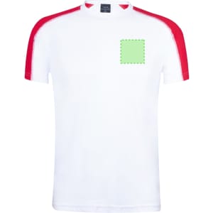 A white adult t-shirt with red sleeves and a logo on the front.