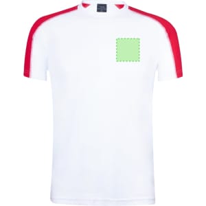 A white adult T-shirt with red sleeves and a logo on the front.