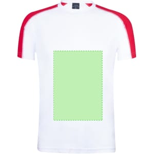 A white adult T-shirt with red sleeves and a blank area in the centre. It features a logo on the label.